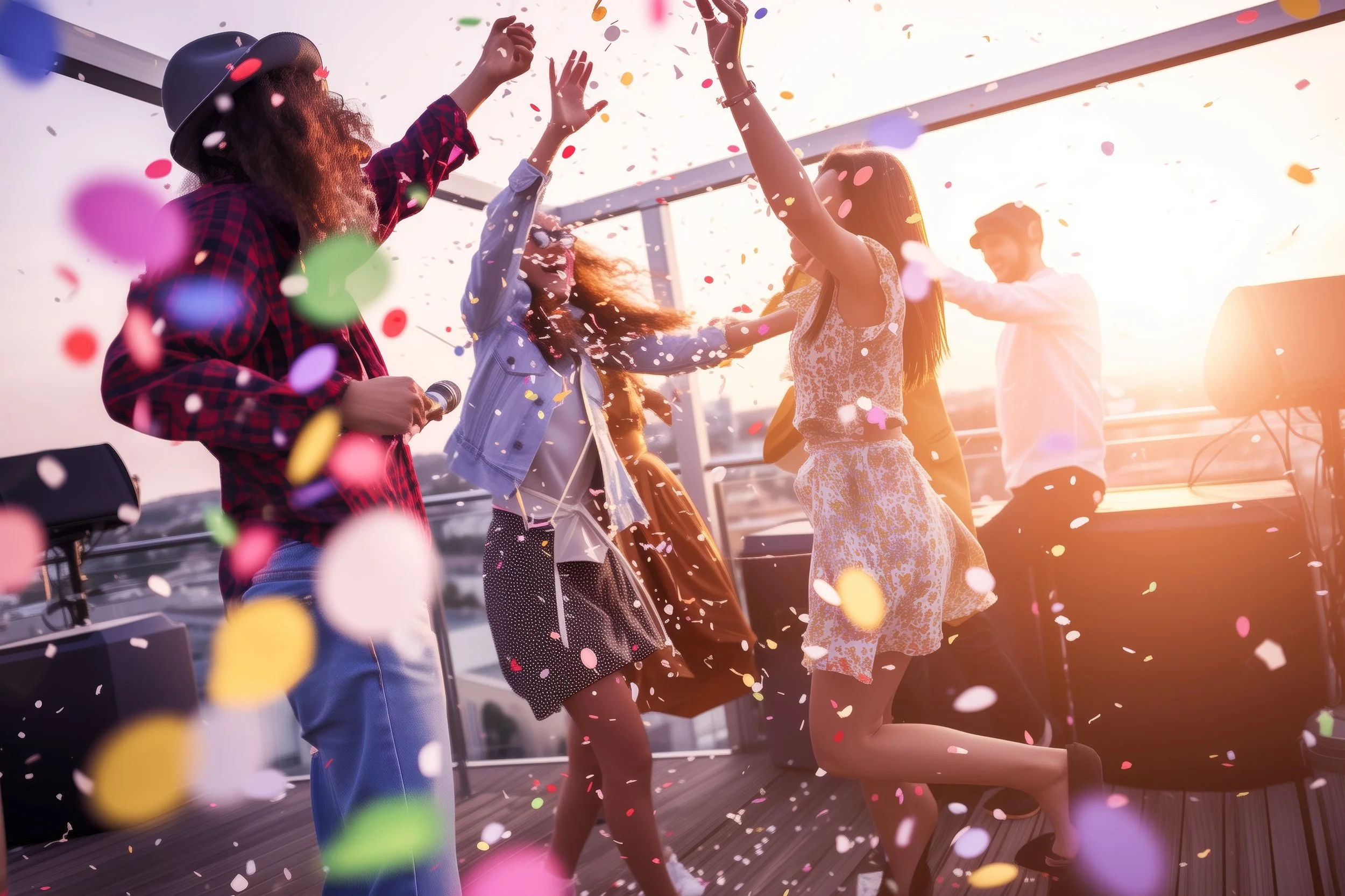 People dancing and celebrating on a rooftop during sunset with colorful confetti falling.