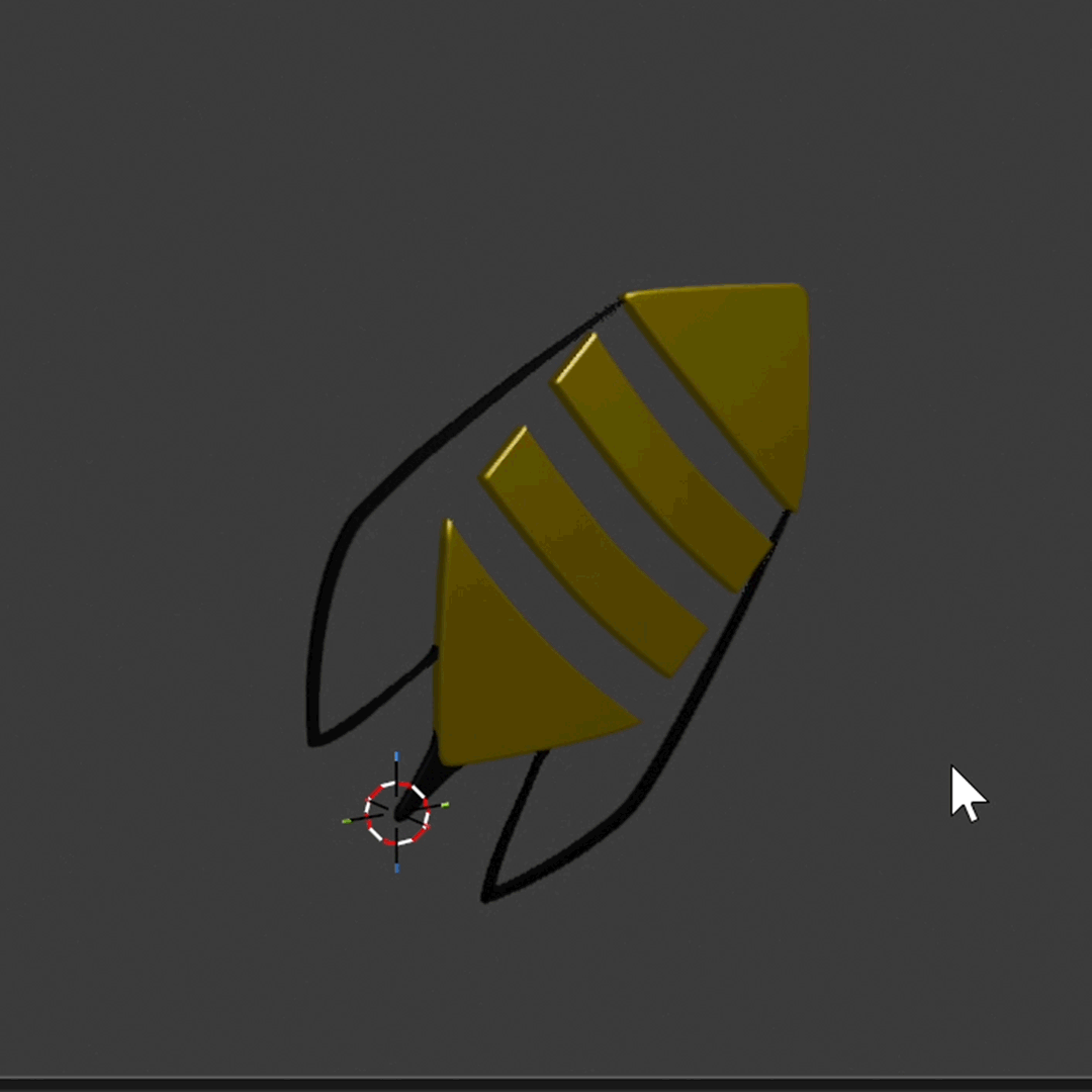 Bug Video Aoife Buggy 3D logo model and animation of a bee with yellow and black striped wings and black outlining, displayed in Blender software backend