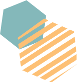 Abstract design featuring a blue pentagon and an orange striped hexagon.