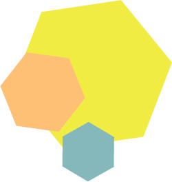 Bug Video Branding, freelance video and motion graphic in Edinburgh Scotland, with three overlapping geometric shapes: a large yellow hexagon, a smaller orange hexagon, and an even smaller blue hexagon.