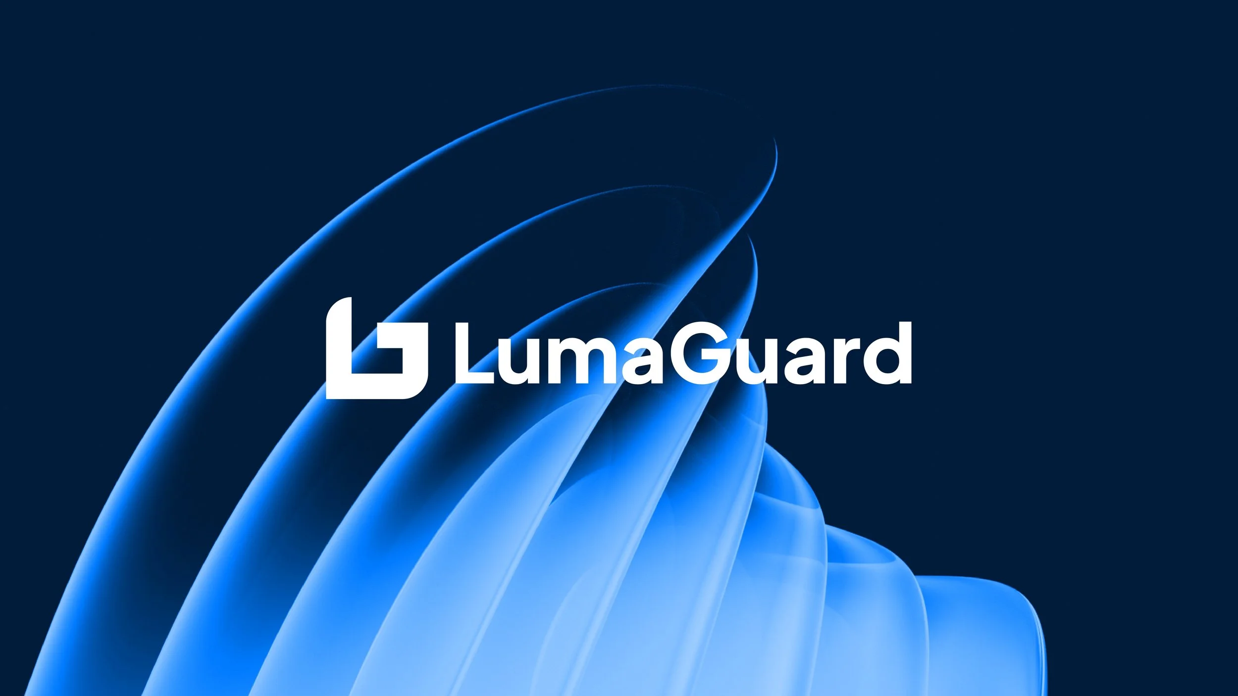 LumaGuard Security™ logo on dark blue background with abstract light wave design, representing cybersecurity and data protection