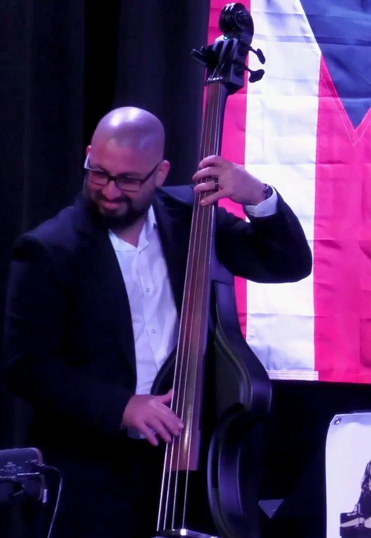 A man in a suit and glasses playing a double bass on stage with a red, white, and blue banner in the background.