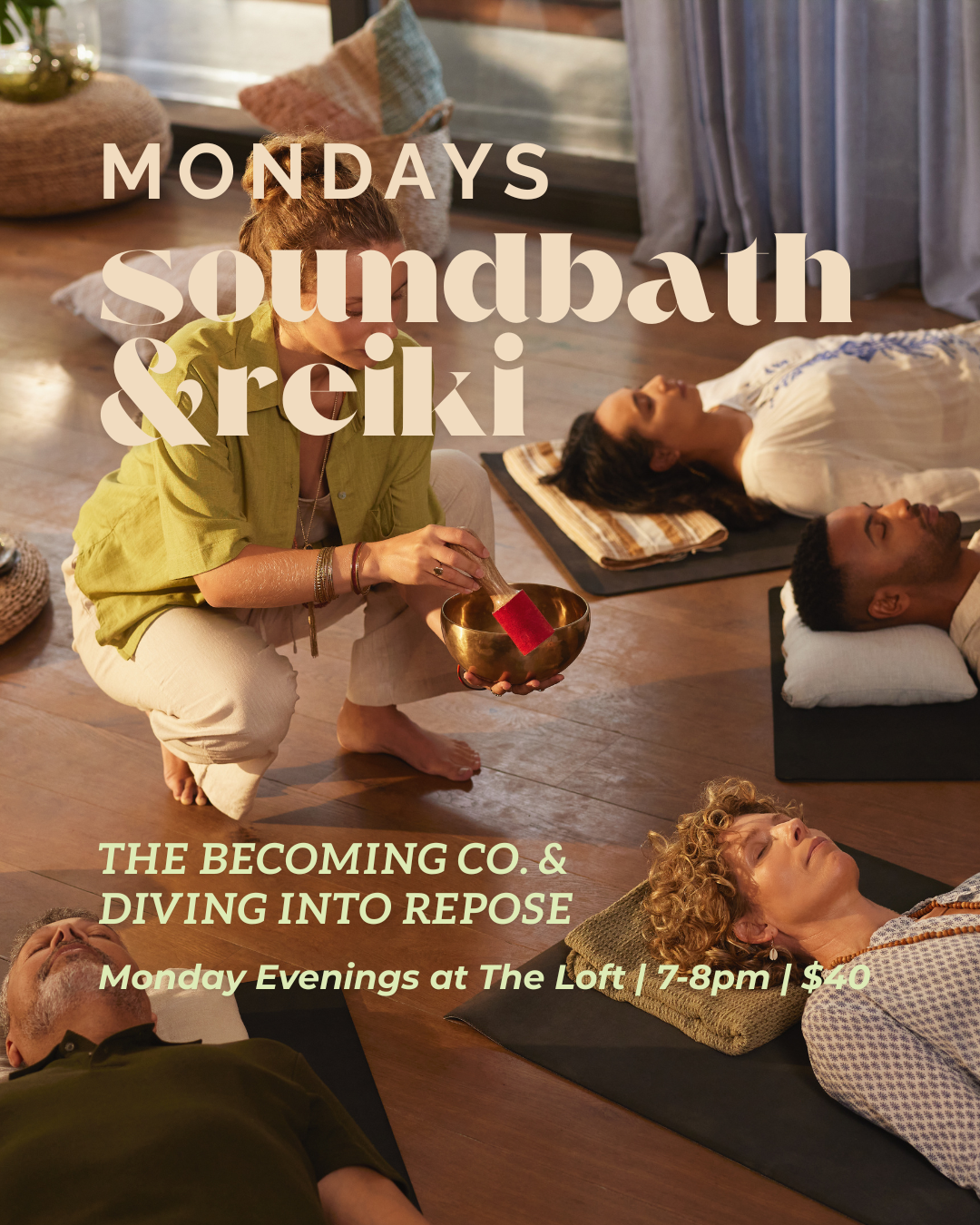 People participating in a sound bath and relaxation session in a cozy room with wooden floors. A woman with a singing bowl, others lying on mats, eyes closed, in a peaceful setting.