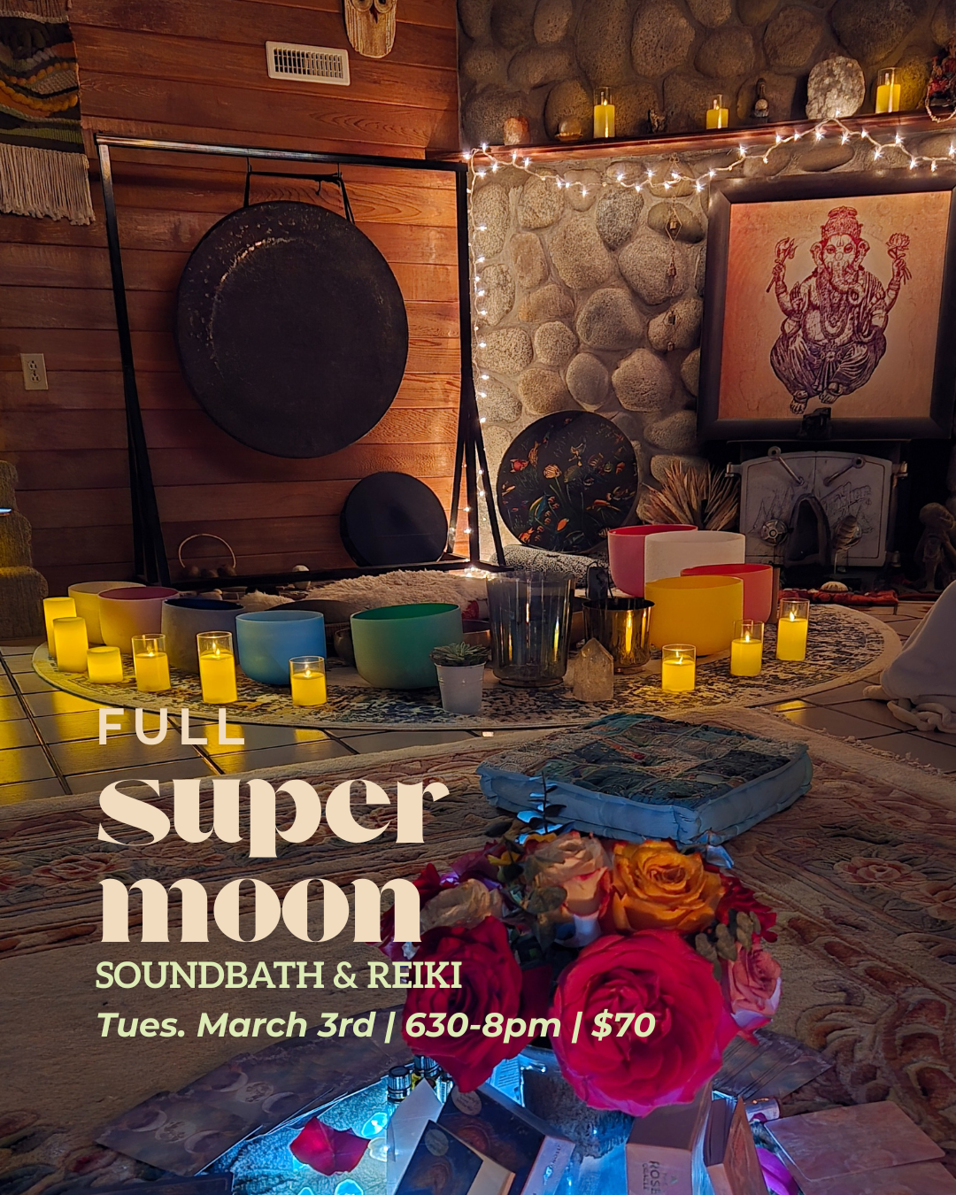 A cozy meditation space decorated with candles, singing bowls, a tapestry, and a stone fireplace, with an overlay of event details for a full moon sound bath and Reiki session.