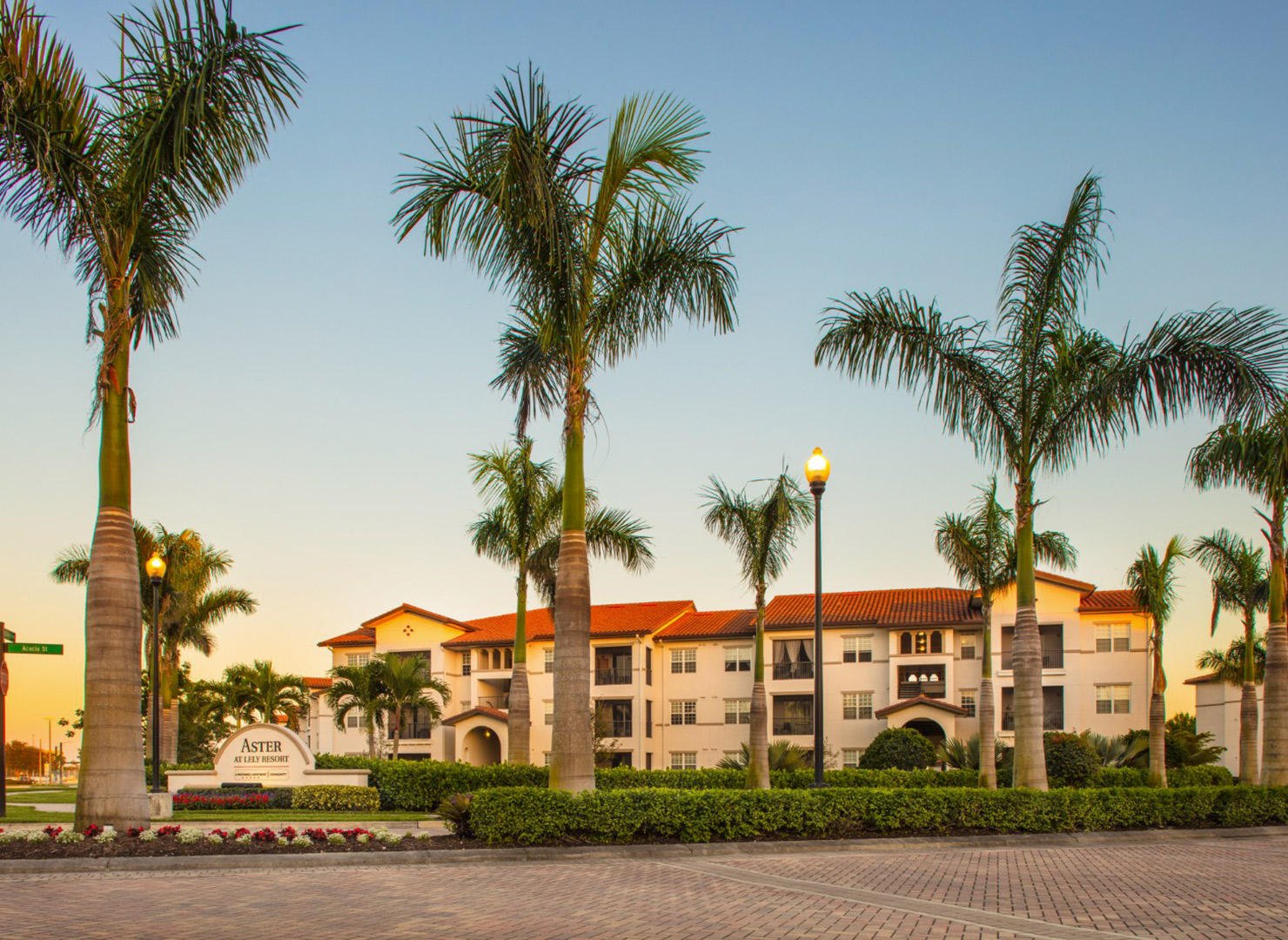 Palm trees frame the entrance to a multifamily apartment complex at sunset