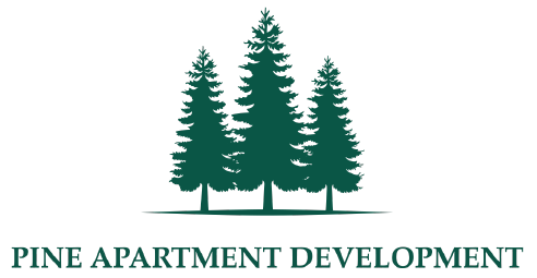 Outline of three green pine trees with the words Pine Apartment Development underneath
