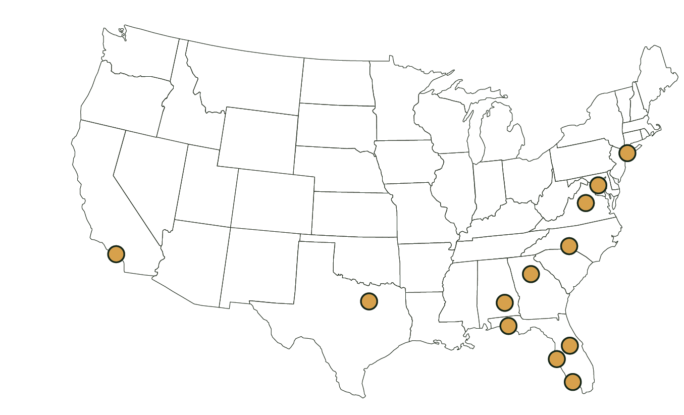 Map of the United States with brown circles marking selected cities, including New York, Miami, Orlando, Houston, Dallas, Los Angeles, and others.