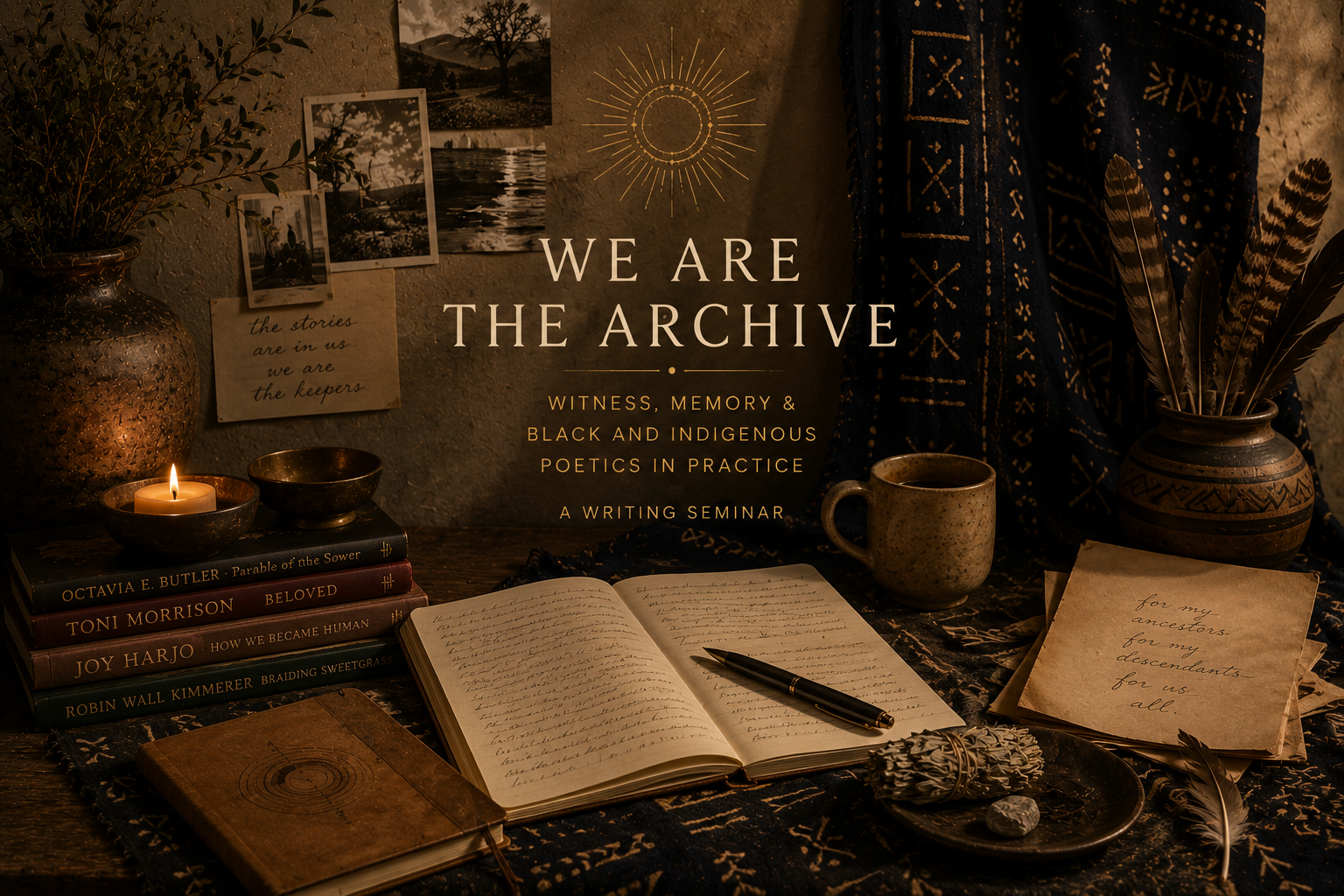 Writing desk with books, journals, photographs, and ancestral objects representing memory, storytelling, and cultural preservation.