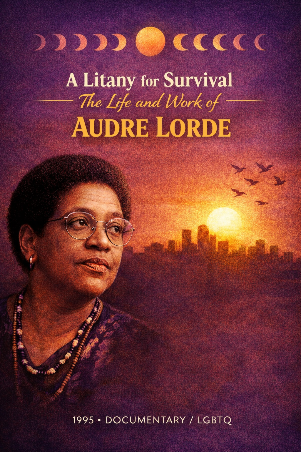 Book cover titled "A Litany for Survival: The Life and Work of Audre Lorde." Features a portrait of Audre Lorde with glasses and jewelry, set against a background of a city skyline at sunset with a large sun, a flock of birds, and a lunar phases illustration at the top.