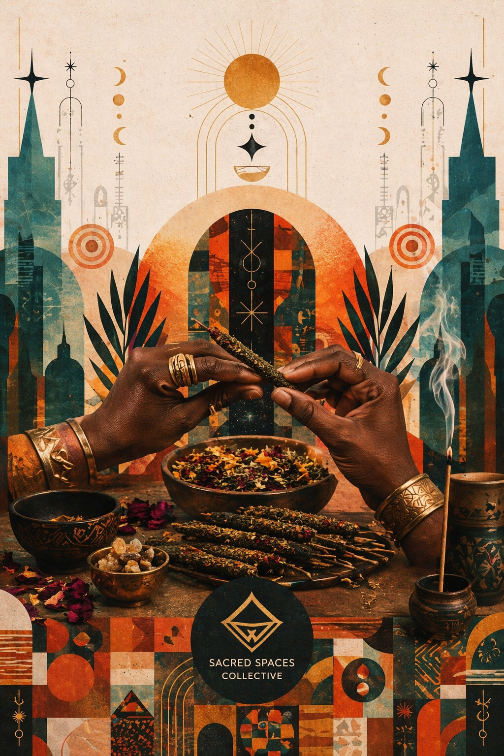 Hands with jewelry rolling incense over a table with herbs and bowls, set against a colorful mystical background with symbols, planets, and a sun, featuring a logo of Sacred Spaces Collective.