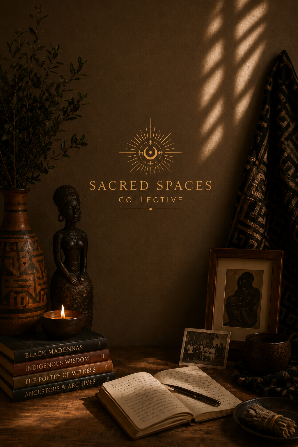 An intimate arrangement of books, journals, ancestral objects, and candlelight beneath the Sacred Spaces Collective emblem, representing art, memory, healing, and cultural inheritance.