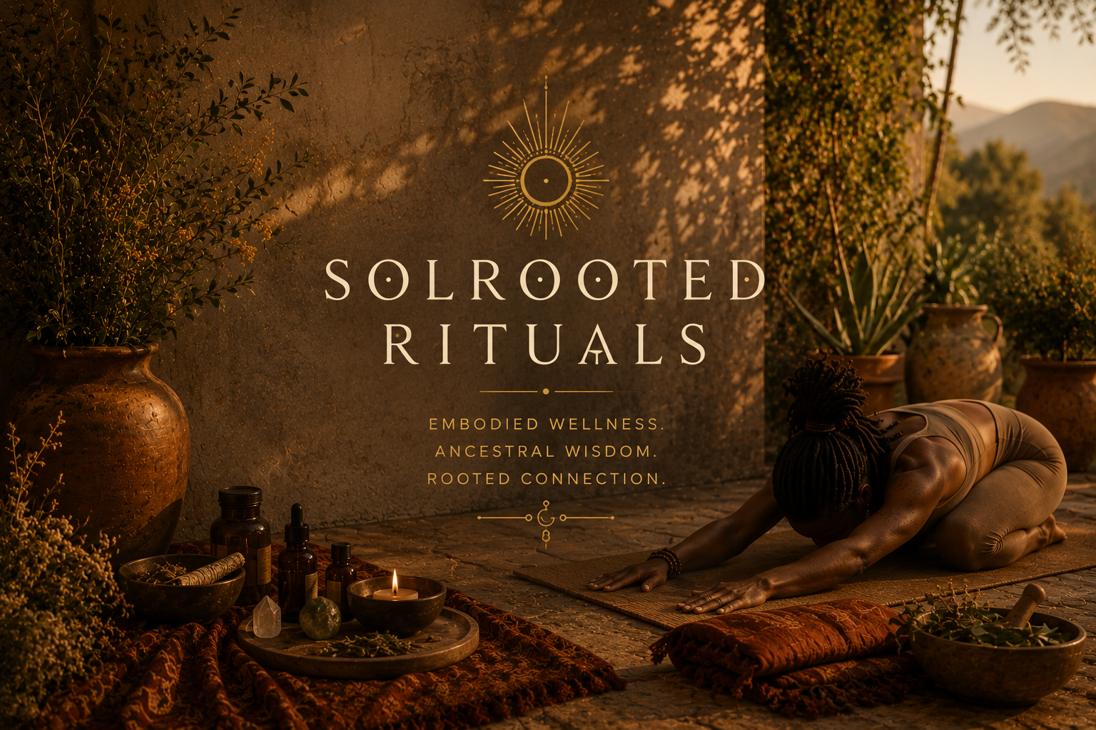 Sunlit wellness sanctuary celebrating embodiment, healing, and ancestral wisdom through movement and ritual.