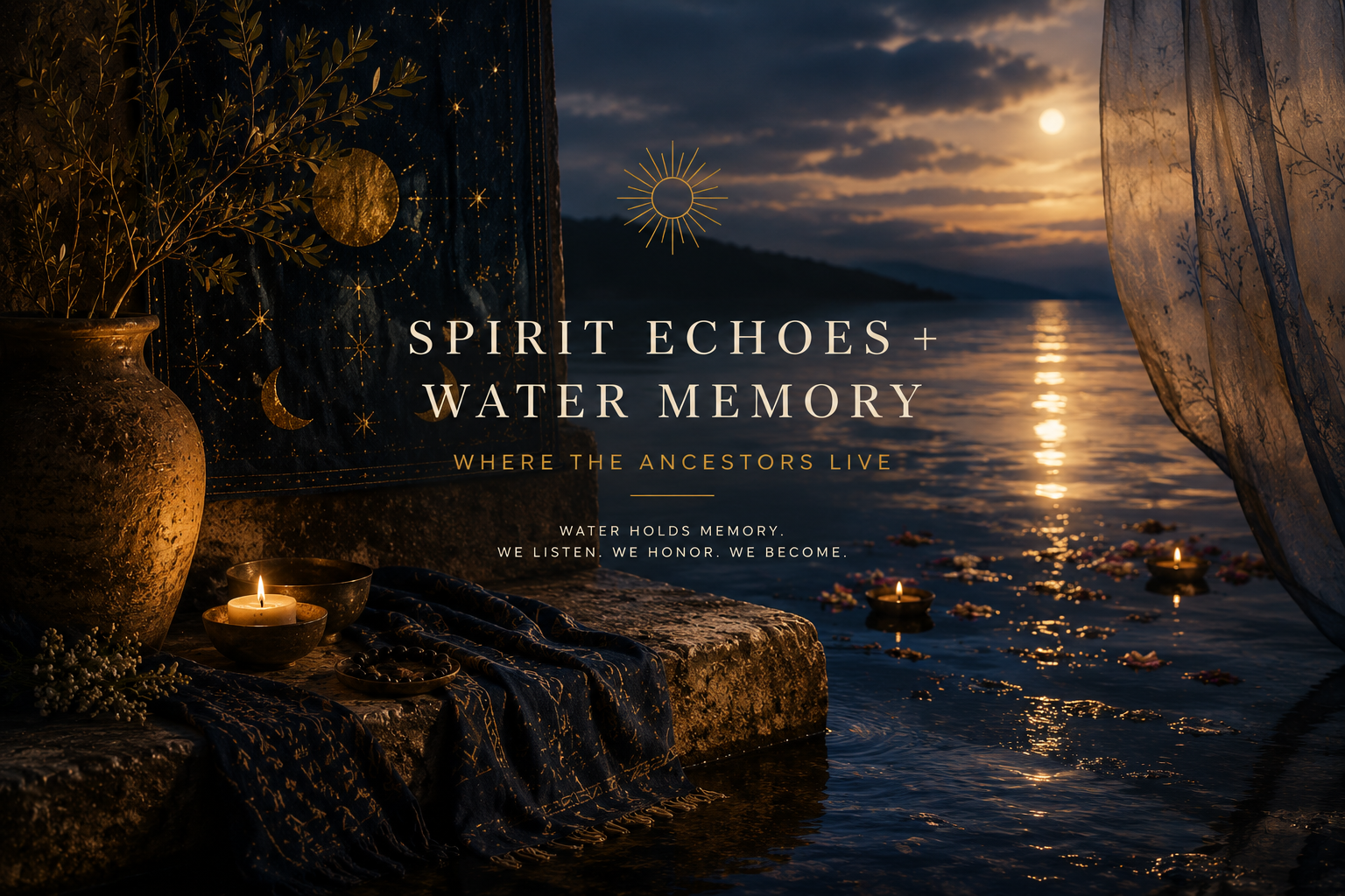 Moonlit waterside ritual space exploring memory, ancestry, and the wisdom carried through water.