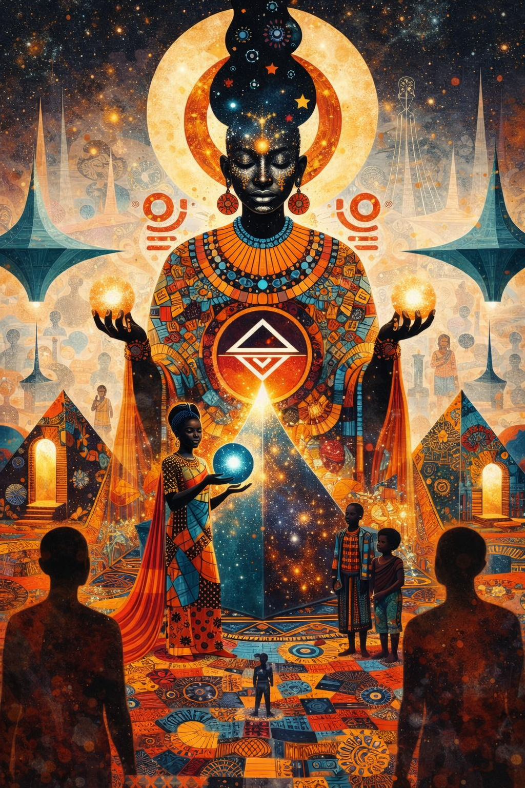 Illustration of a Black woman deity standing tall between pyramids