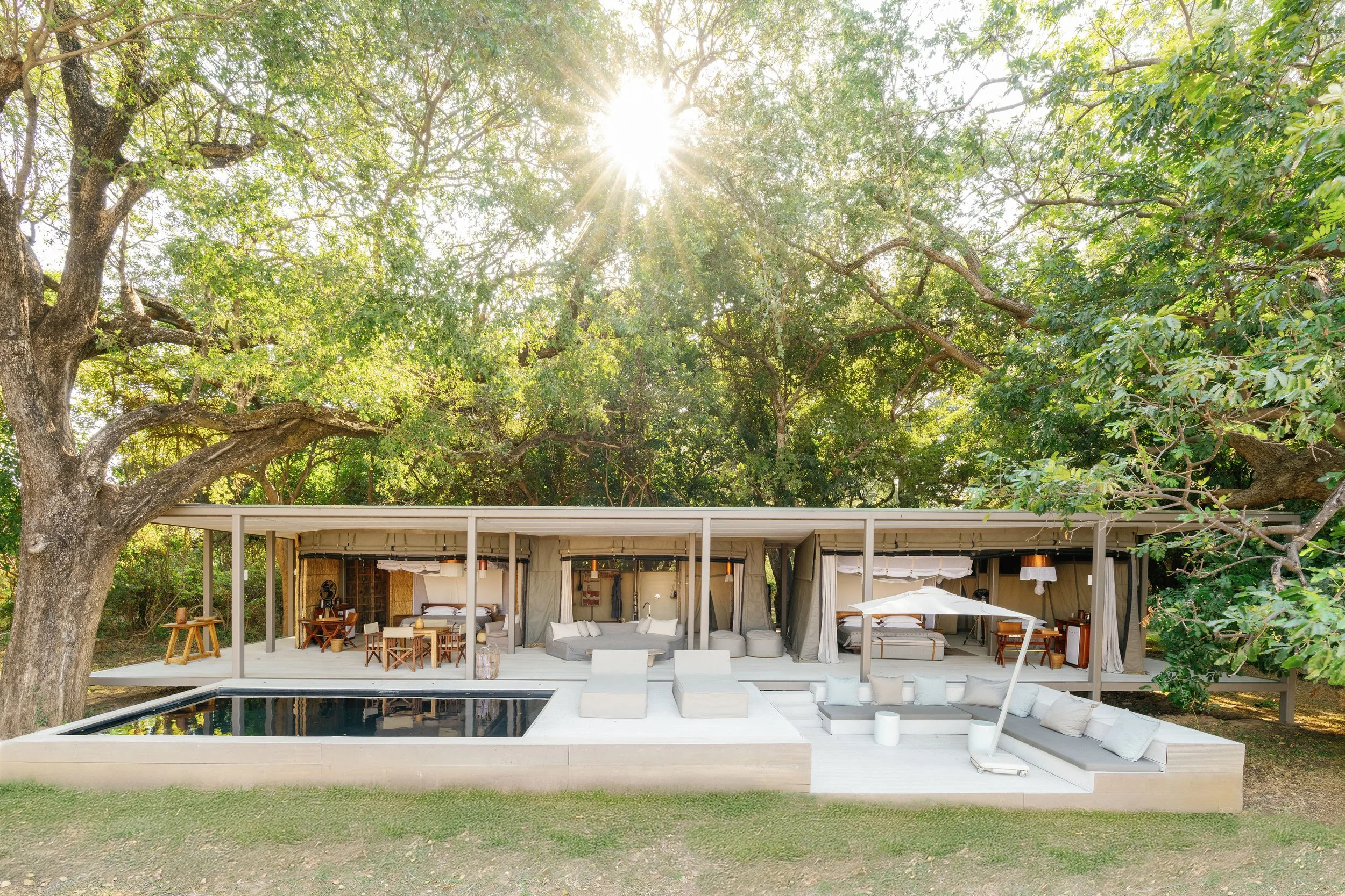 Modern outdoor lounge area with white furniture, a swimming pool in the foreground, and large trees providing shade. The sky is visible through the trees with sunlight shining through.