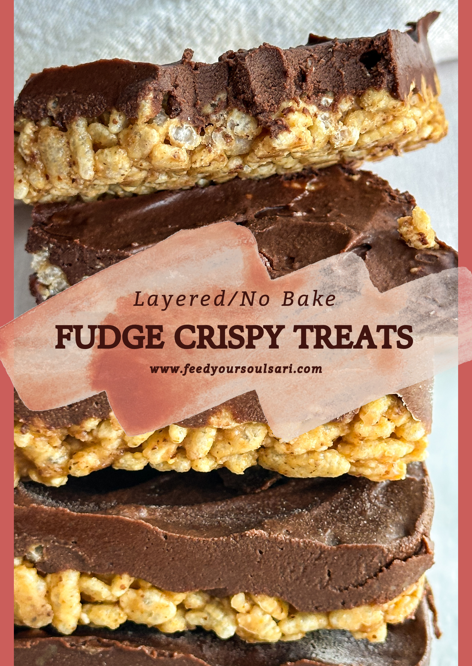 Close-up of layered chocolate crispie square showing gooey fudge topping