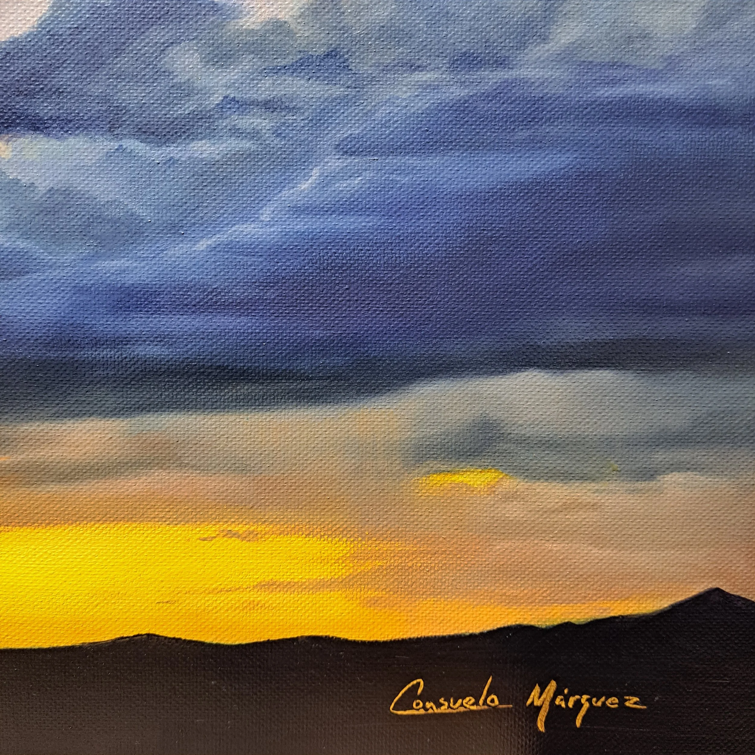 Acercamiento de obra al óleo, atardecer de impacto con colores vibrantes. Obra original de Consuelo Márquez. Artista mexicana