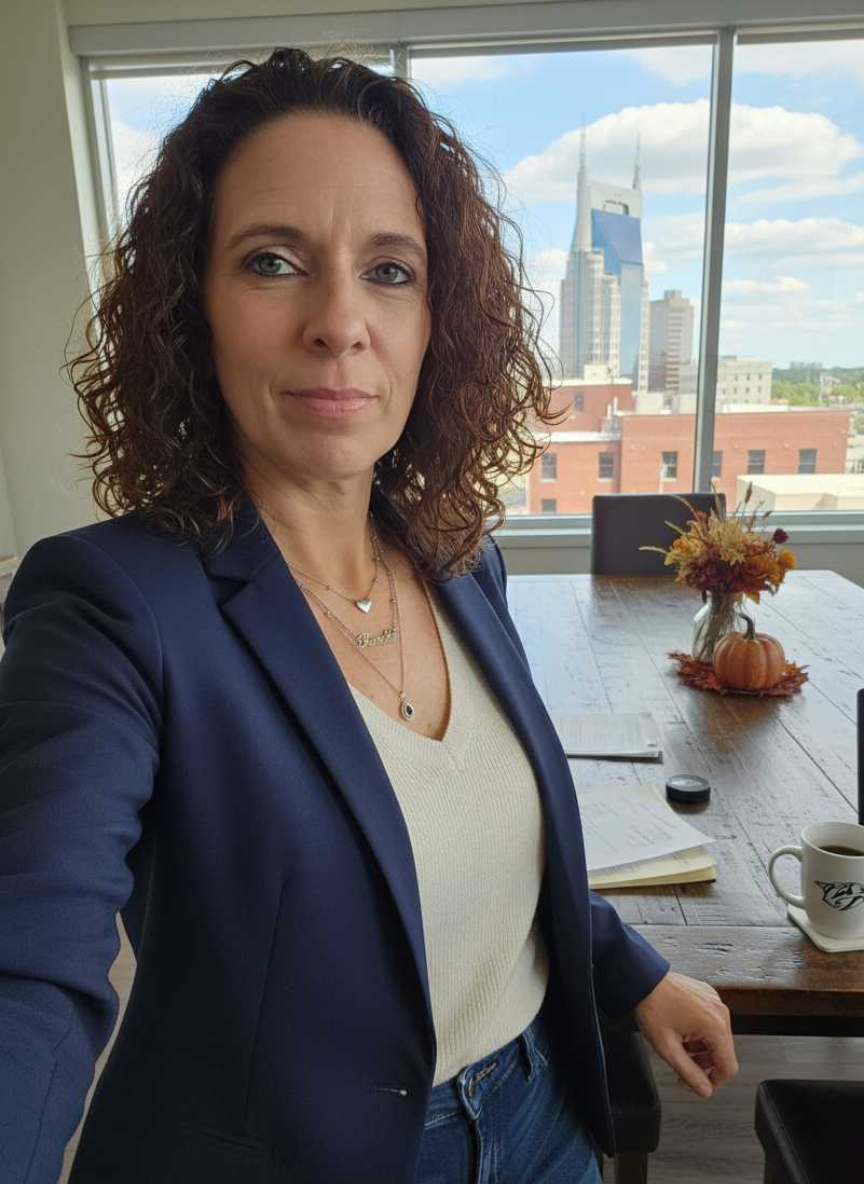A woman with curly brown hair taking a selfie in a modern office with a large window showing a city skyline behind her. The table in front of her has a vase with autumn flowers, a small pumpkin, a notebook, a paper, and a mug of coffee.