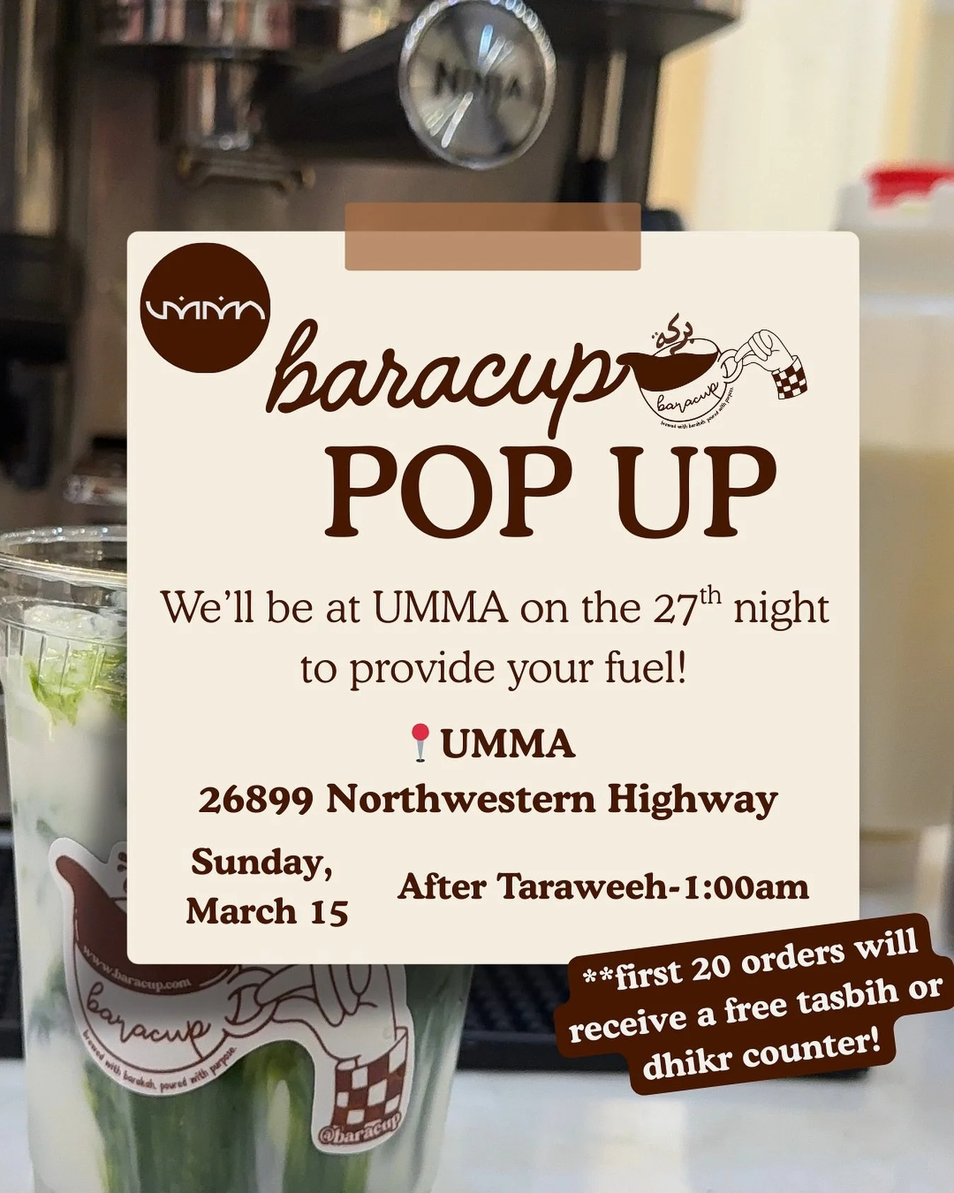 Final pop-up of Ramadan, and you won&rsquo;t to miss it! Come pray taraweeh and grab a drink so you have energy for the rest of the night iA!🤍🤍
&bull;
&bull;
&bull;
#laylatulqadr #coffeecart #eventcart #ramadan #drinkservice #womenowned #womenshist