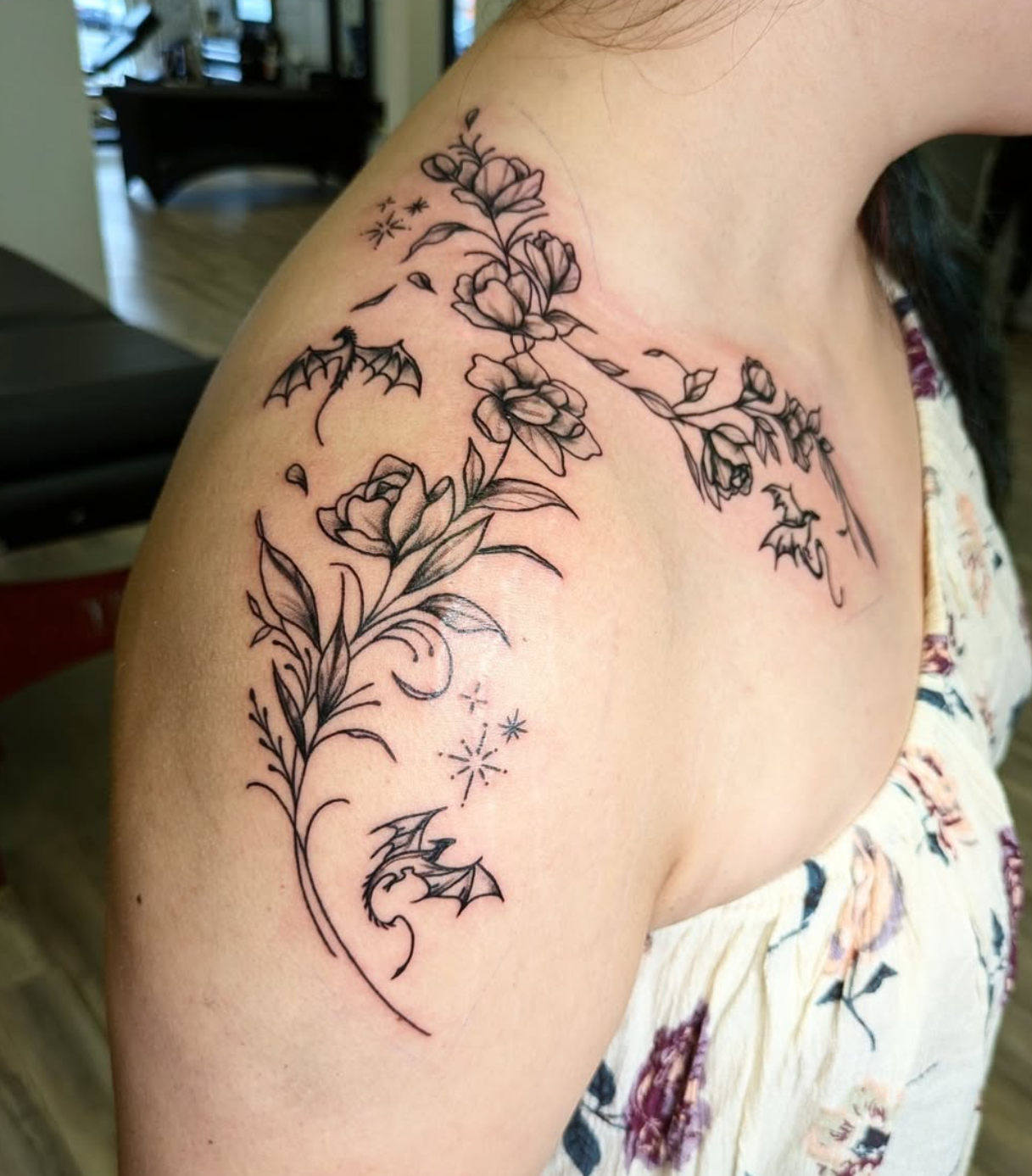 Fourth Wing Shoulder Piece tattoo by tattoo artist Willow Thomason located in Wolfville, Nova Scotia