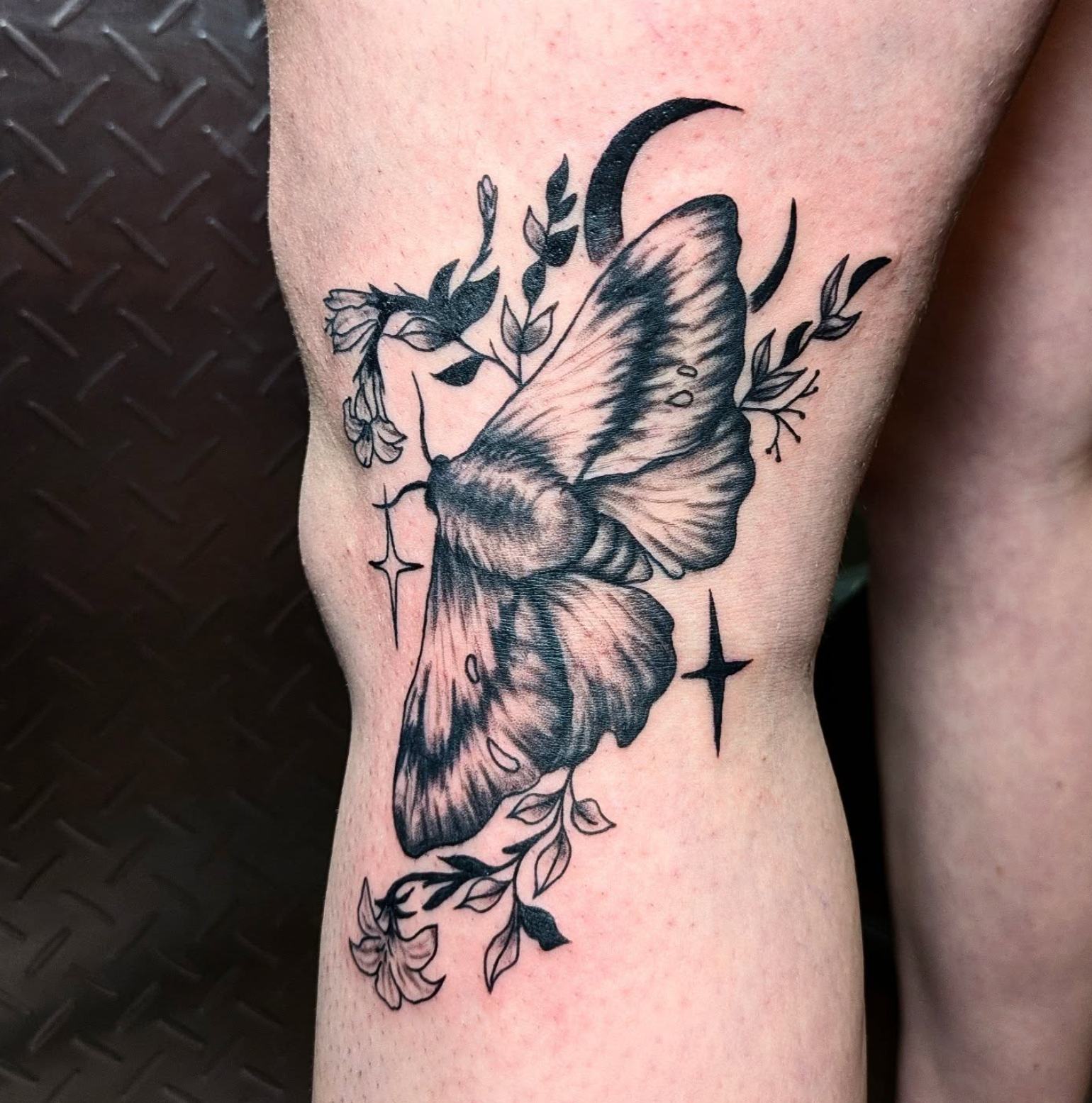 Moon and Moth tattoo by tattoo artist Willow Thomason located in Wolfville, Nova Scotia