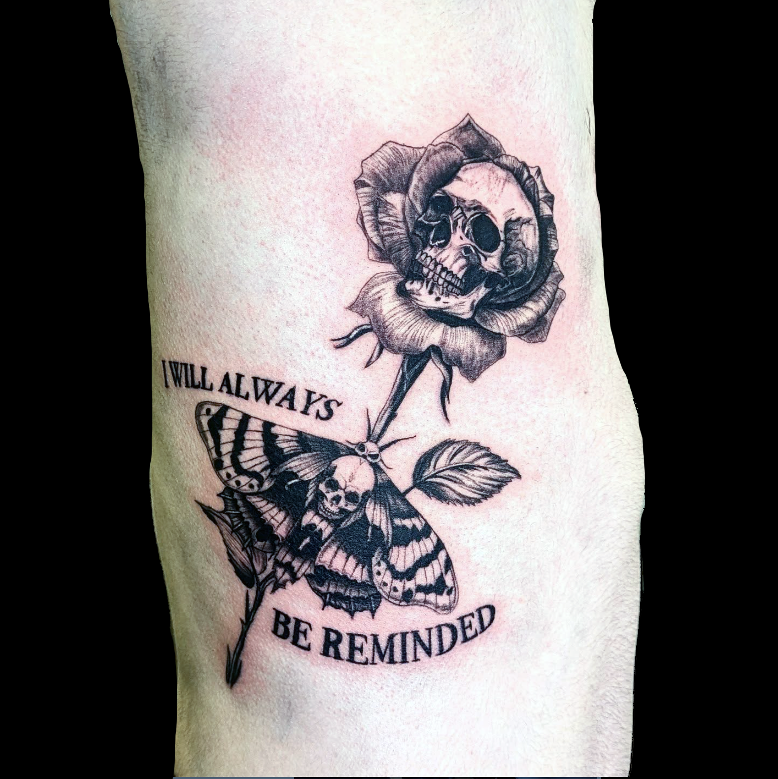 Rib piece by Willow Thomason Wolfville NS Canada moth and rose skull