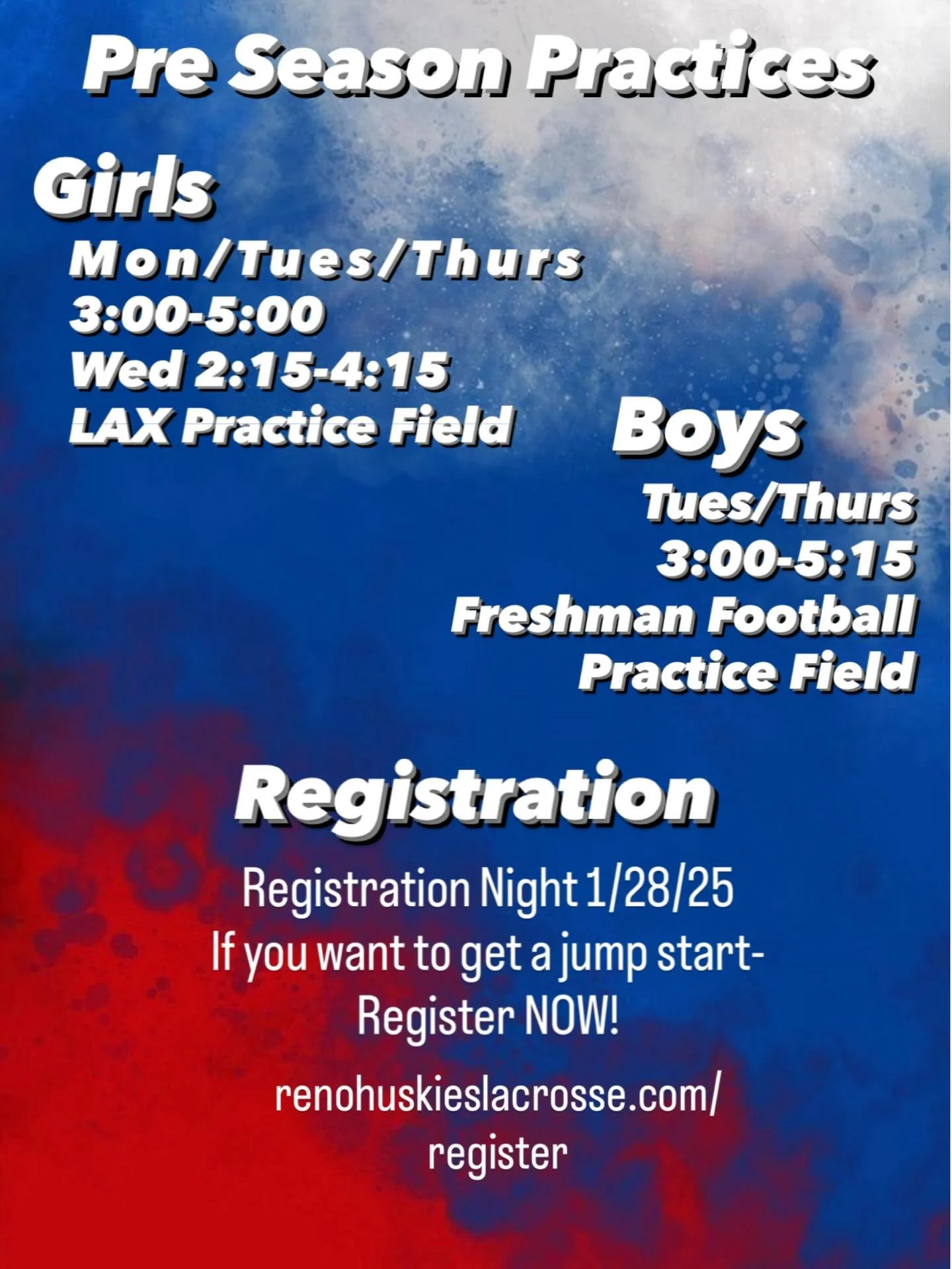 Pre season practice is a GO! All players are expected to be at all practices unless arrangements have been made ahead of time with coaches. Registration is open so please do so asap! renohuskieslacrosse.com/registration  GO HUSKIES!