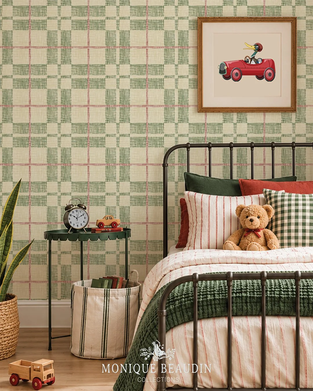 I had great fun creating this mockup of a little boy's room with my new toile plaid wallpaper ❤️

Available in three different scales to suit all your projects.

Just a quick reminder that voting is open for the new @spoonflower Added Texture Designs