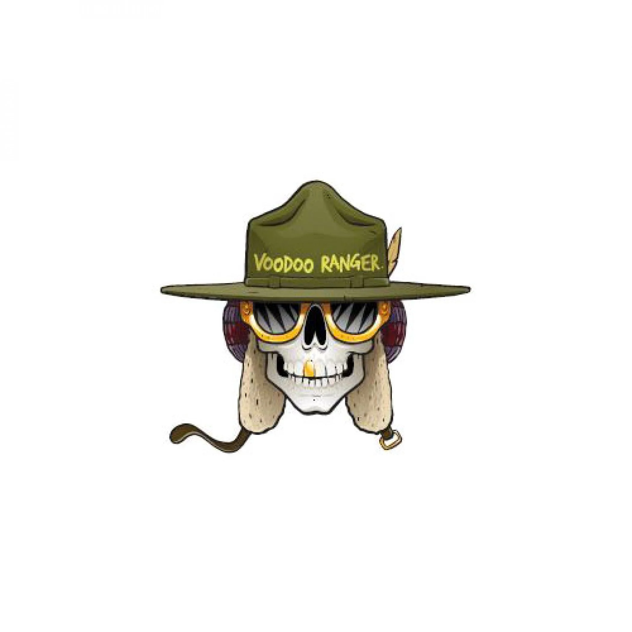 Illustration of a skull wearing sunglasses, a wide-brimmed hat labeled 'Voodoo Ranger', and furry ear muffs or headphones.