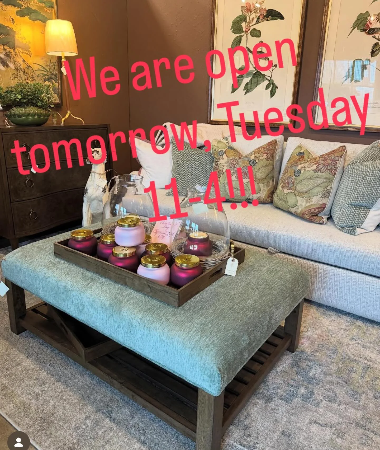 We are open tomorrow!! Tuesday from 11 to 4. Please come see us.