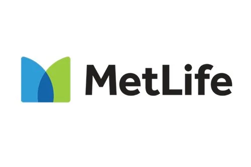MetLif e logo with a blue and green abstract symbol and black text.