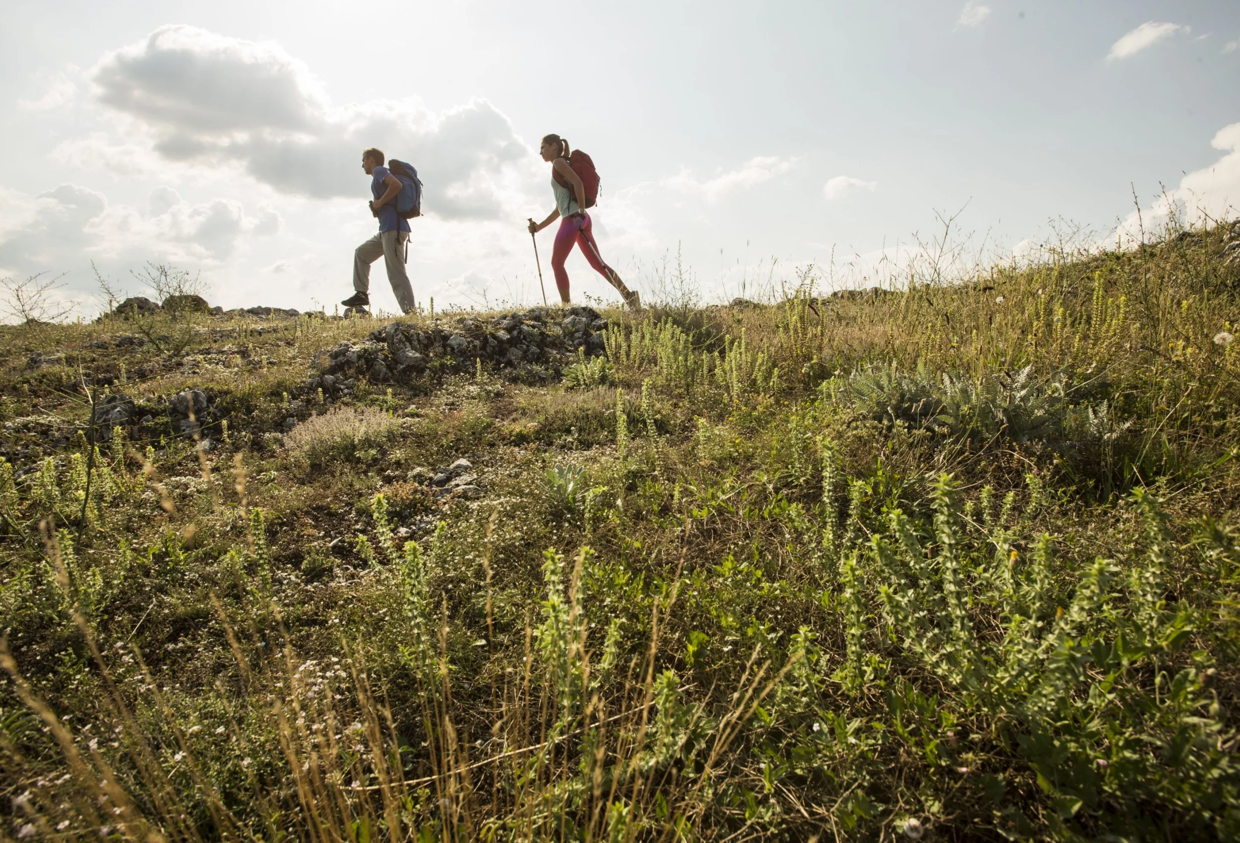 Two hikers ascending a grassy, rocky hill during daytime, with clouds in the sky.