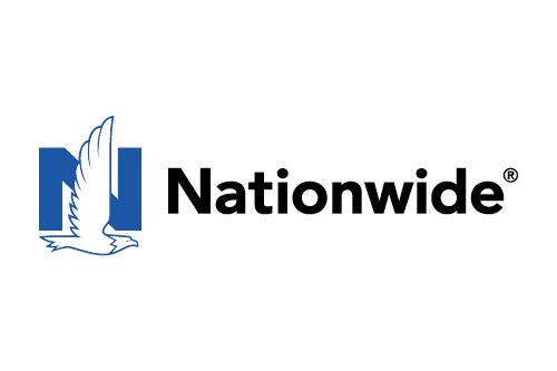Nationwide insurance company logo with a blue square, stylized white dove, and the name 'Nationwide' in black text.