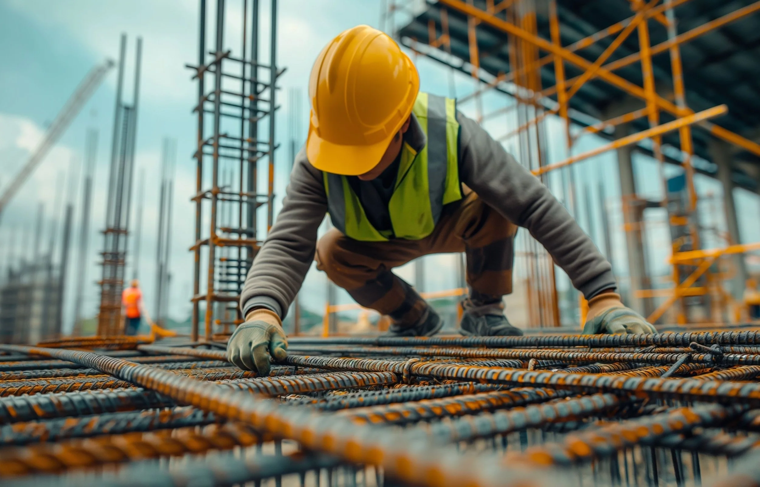 Construction worker wearing a yellow safety helmet and high-visibility vest kneeling on ground, working amidst orange scaffolding on a building site.