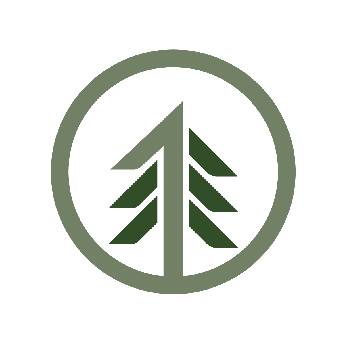 A stylized logo of a tree inside a circle with a muted green and dark green color scheme.