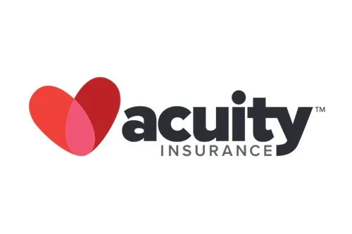 A logo for Acuity Insurance featuring a stylized heart shape and bold black text.