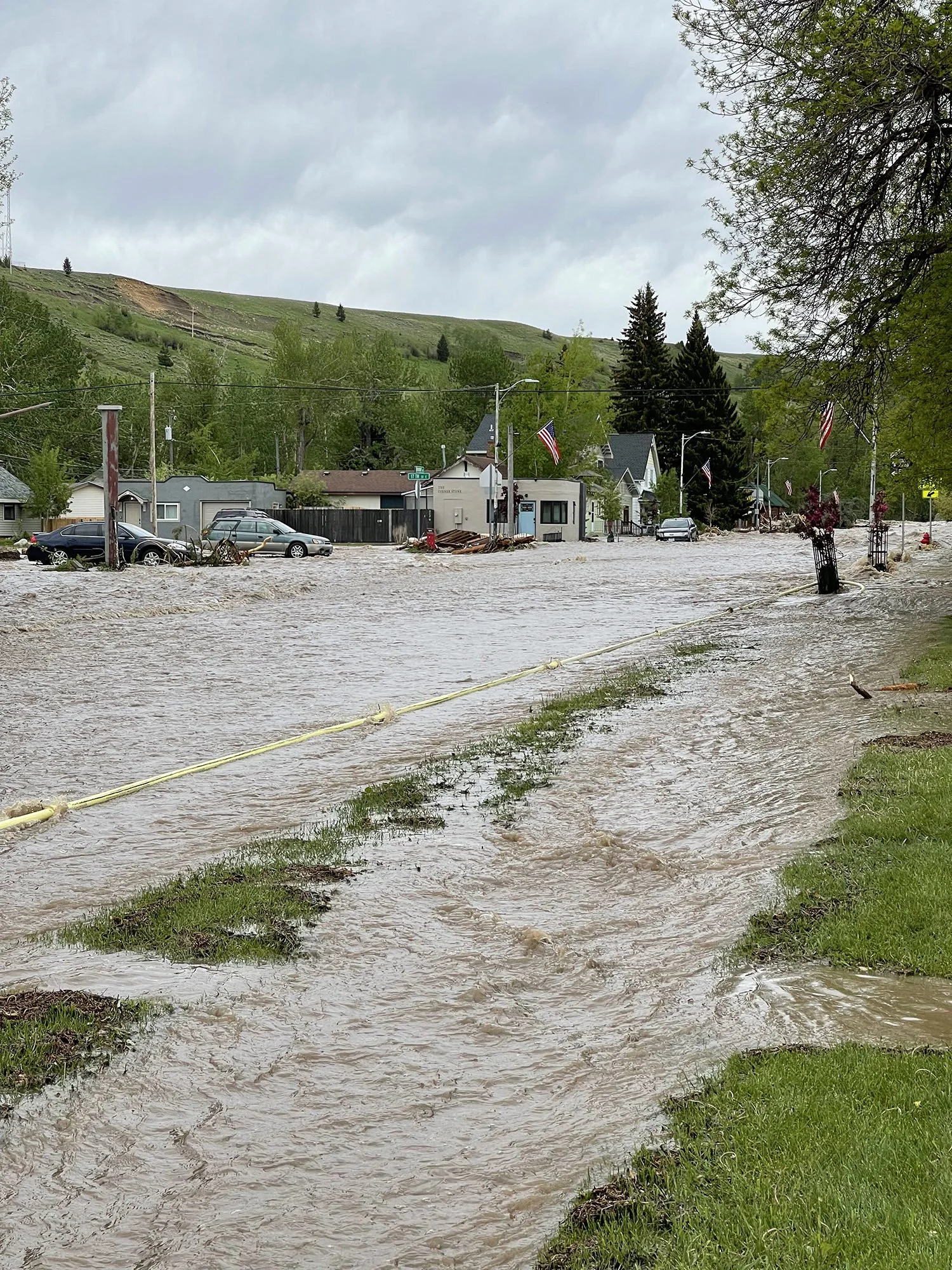 Flooded street with water covering cars and sidewalk, houses nearby, green trees, and mountains in the background under cloudy sky.
