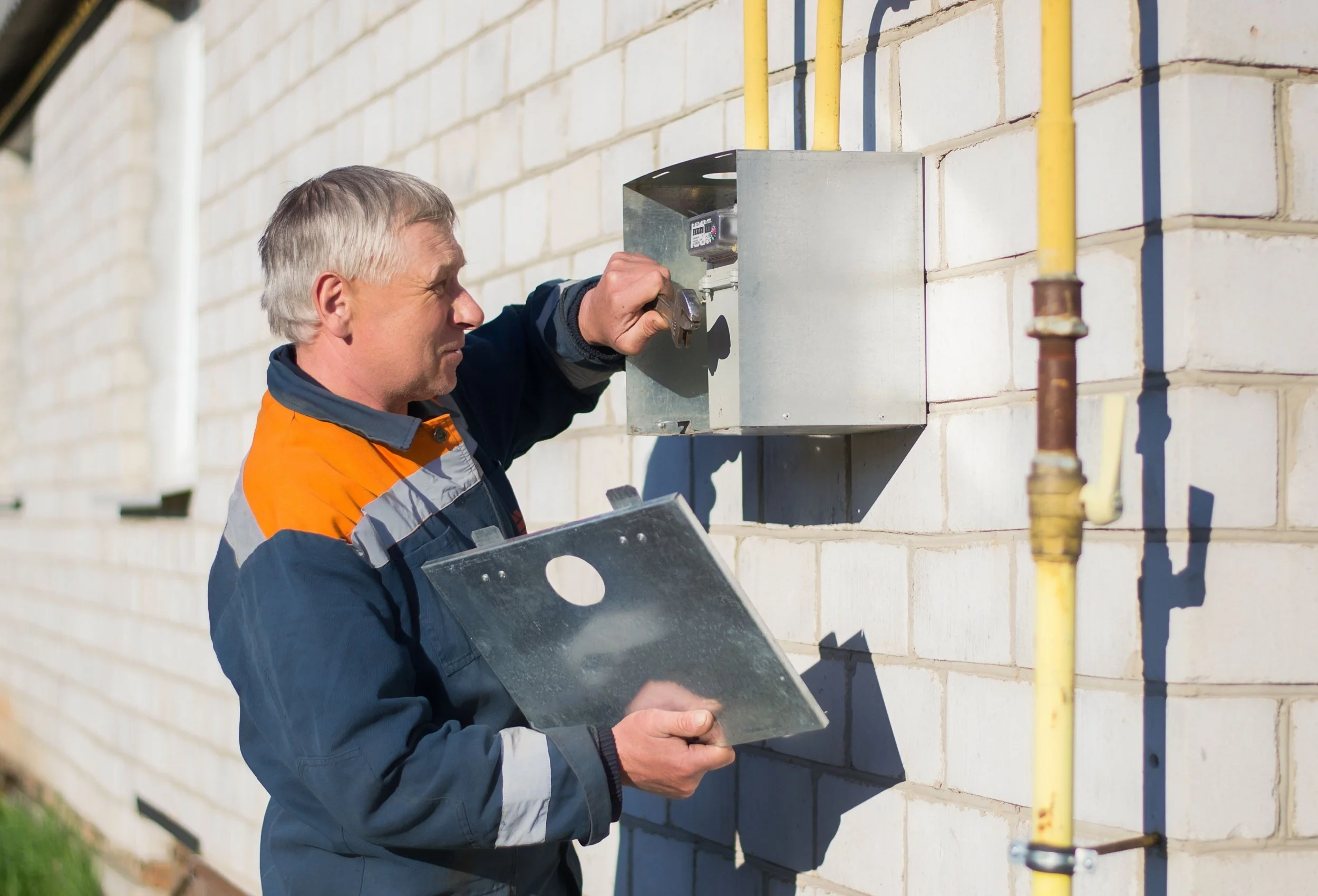 A man working outdoors on a brick building, holding a clipboard and inspecting electrical meters or connections.
