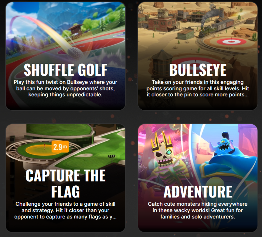 Screenshots of four mobile game options: Shuffle Golf with a rainbow in a colorful golf course; Bullseye with a western town and a target on a desert landscape; Capture the Flag showing a golf hole with a 2.9-meter marker; Adventure featuring cartoon