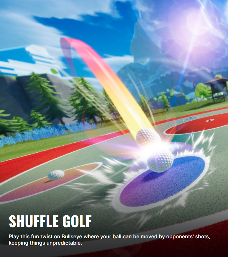 A digital illustration of a golf course featuring a golf ball being hit, with a rainbow trail and dynamic effects, set against a mountainous landscape and blue sky.