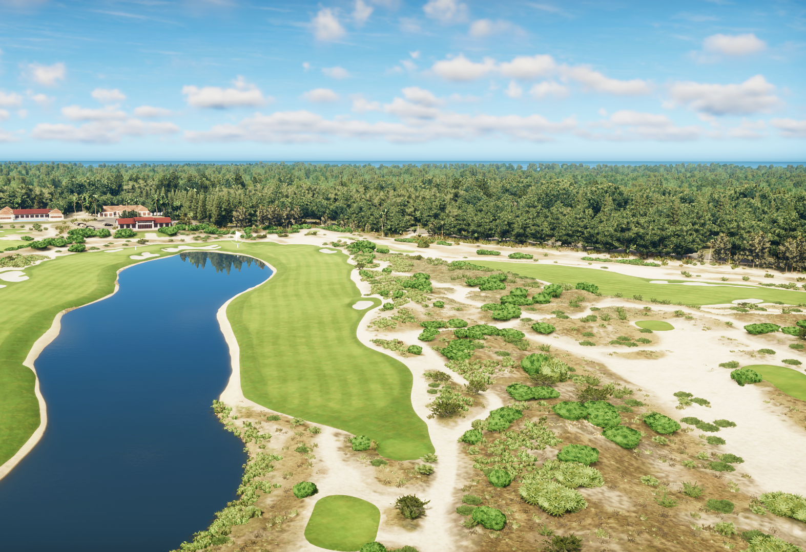 Aerial view of a golf course with a large water hazard, green fairways, and surrounding trees under a partly cloudy sky.