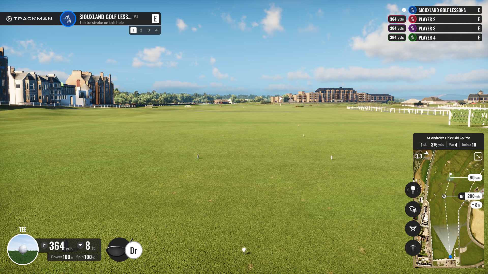 Virtual golf course view of the green with buildings in the background, showing game details including hole number, distance, and player statistics.