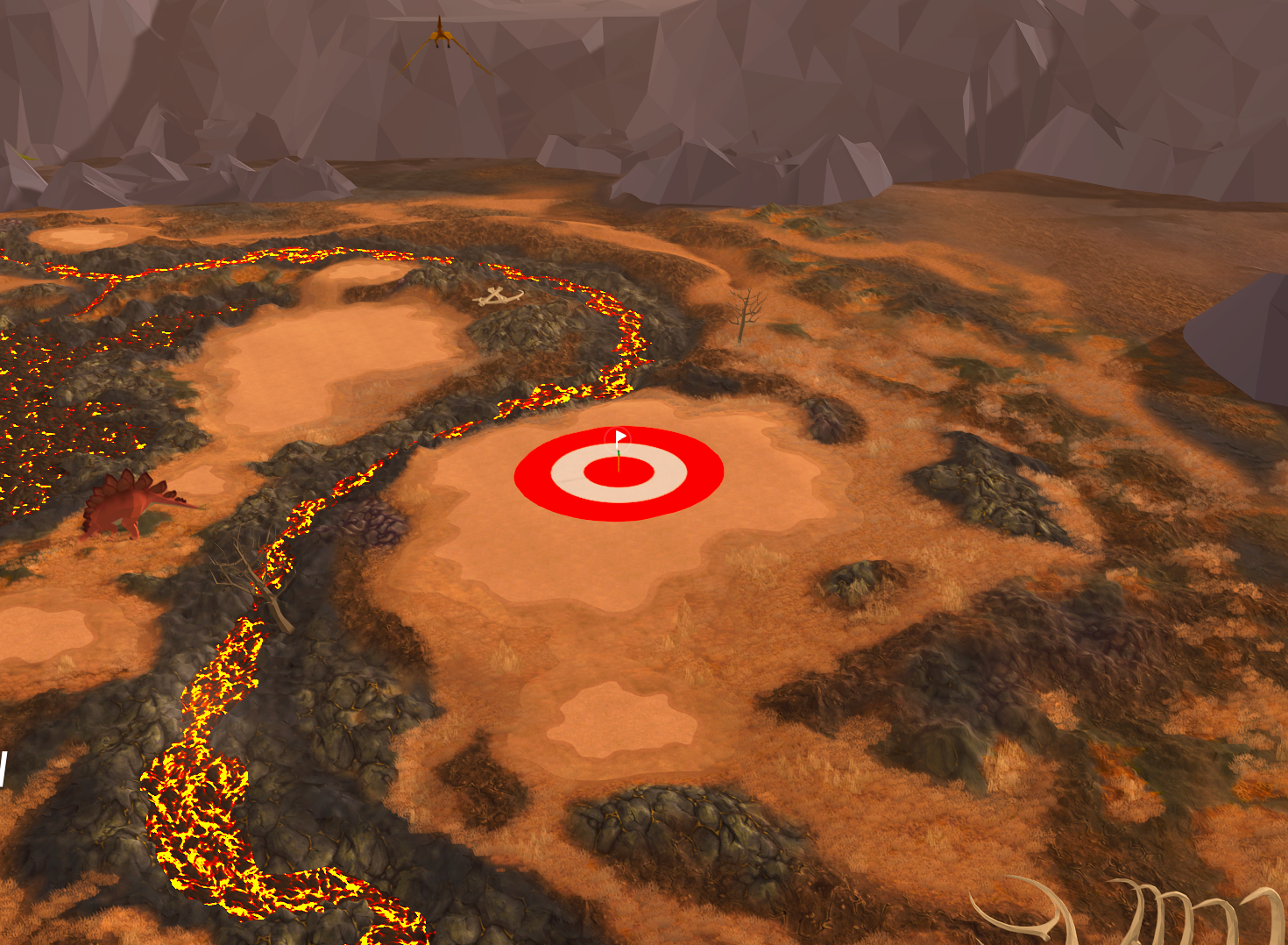 Virtual golf driving range with lava and volcanic landscape, targeting area marked with red and white target, with mountains in the background.