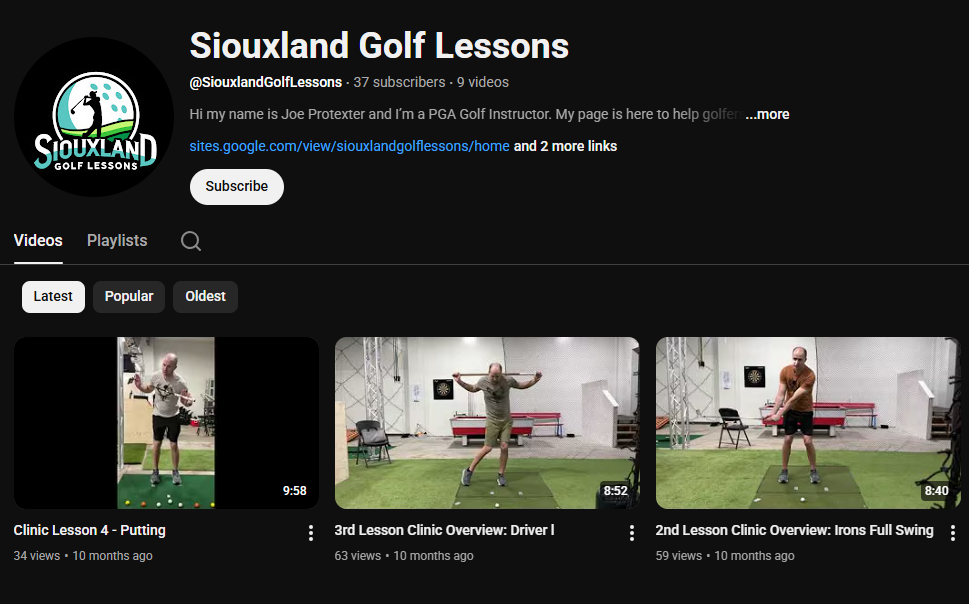 YouTube channel page for Siouxland Golf Lessons featuring videos of golf instruction, including clips on putting, driver overview, and irons full swing, with a black background and channel logo.