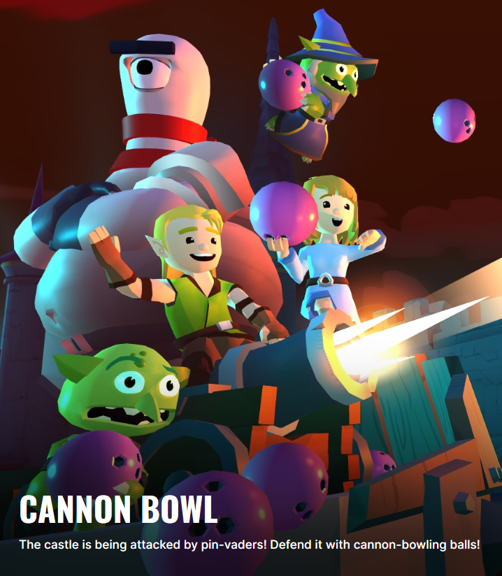 Cartoon characters including a large white dog, a witch, an elf girl, and a goblin operating a large cannon on a dark castle battleground, with purple and green projectiles being launched.