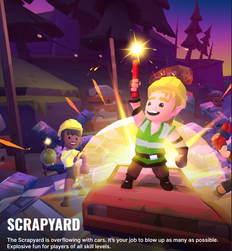 Cartoon characters in a colorful scrapyard with cars and fireworks, celebrating and smiling.
