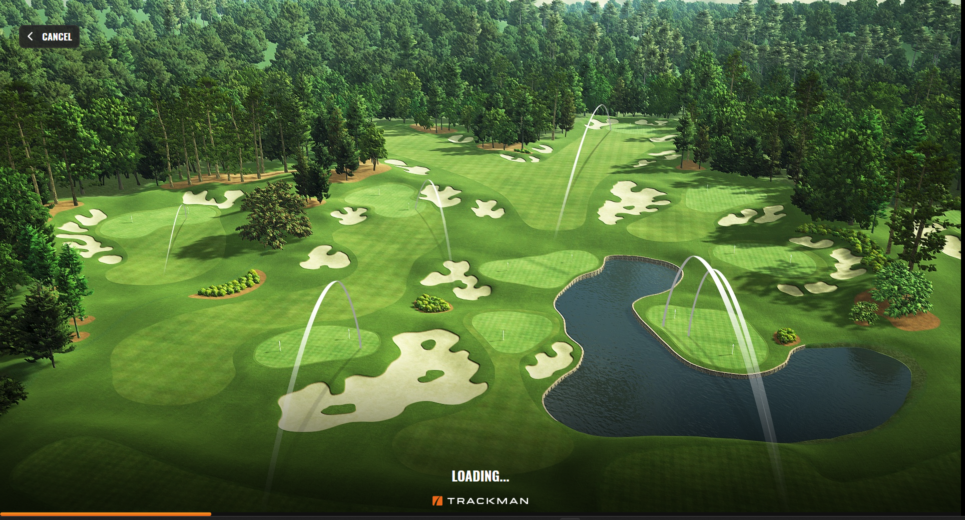 Digital rendering of a golf course featuring numerous sand traps, water hazards, and lush green fairways surrounded by trees. The image appears to be part of a virtual interface, with a 'Cancel' button in the upper left corner and a loading bar at th