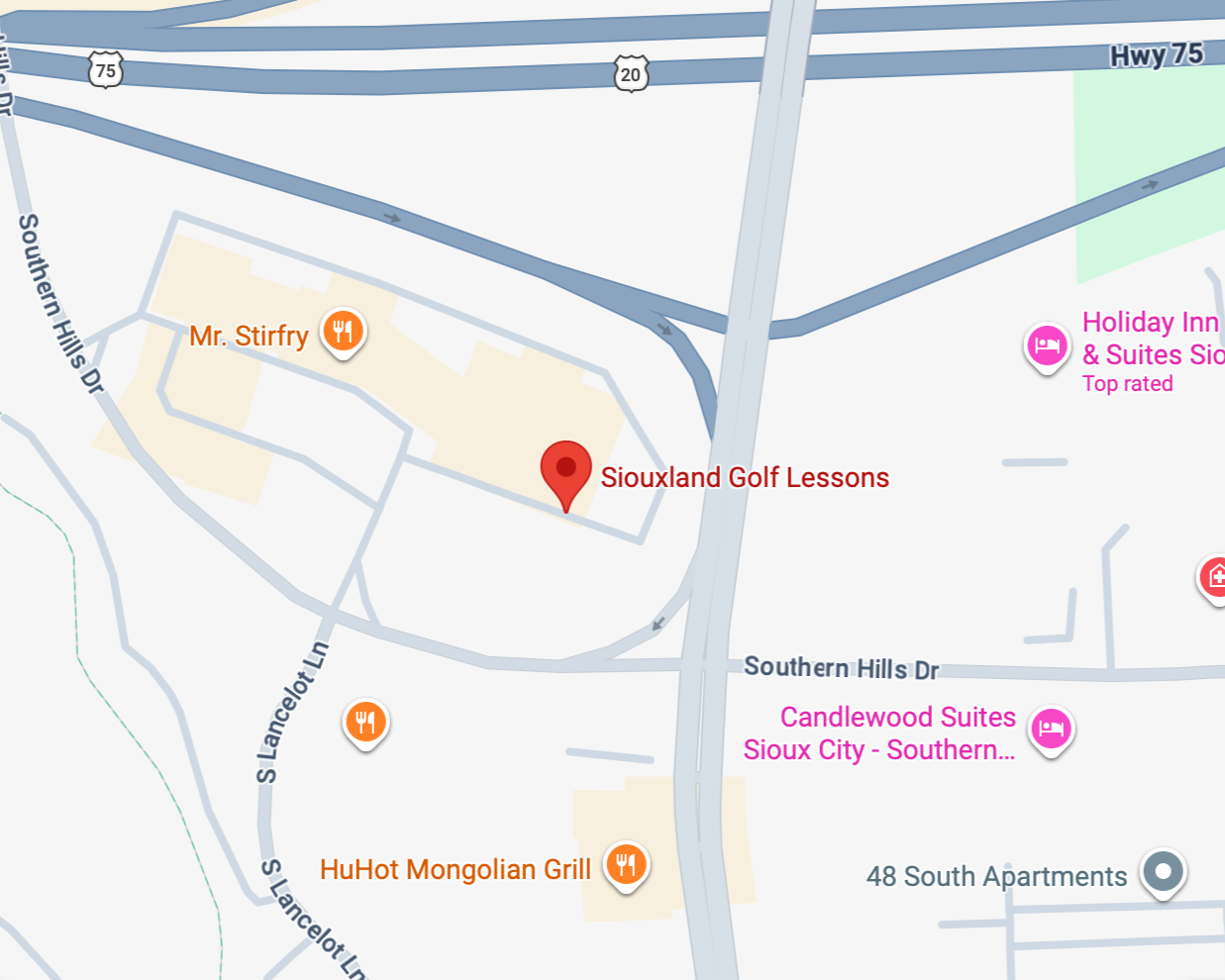 Map showing Siouxland Golf Lessons, Holiday Inn & Suites Sioux City, Candlewood Suites Sioux City, and nearby restaurants and roads including Highway 75, Southern Hills Drive, and South Lancelot Lane.