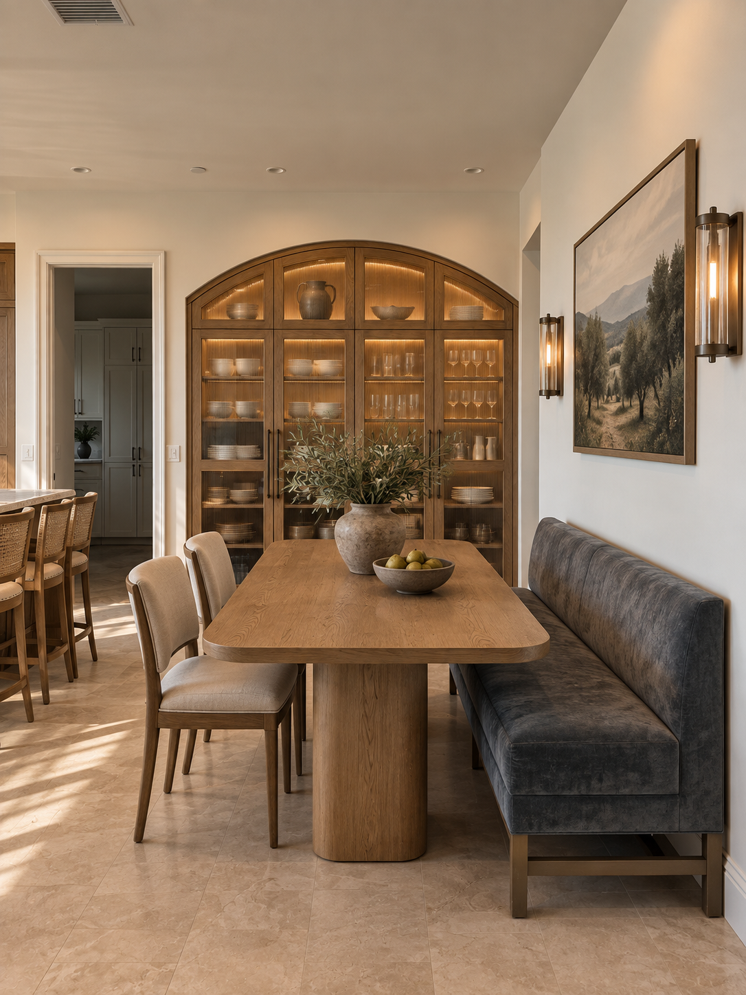 Custom dining banquette with illuminated arched oak cabinetry and warm architectural details in a refined California interior.