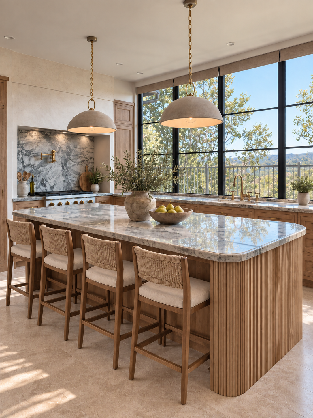 Custom oak kitchen with natural stone island, sculptural pendant lighting and expansive steel-framed windows overlooking the San Diego landscape.